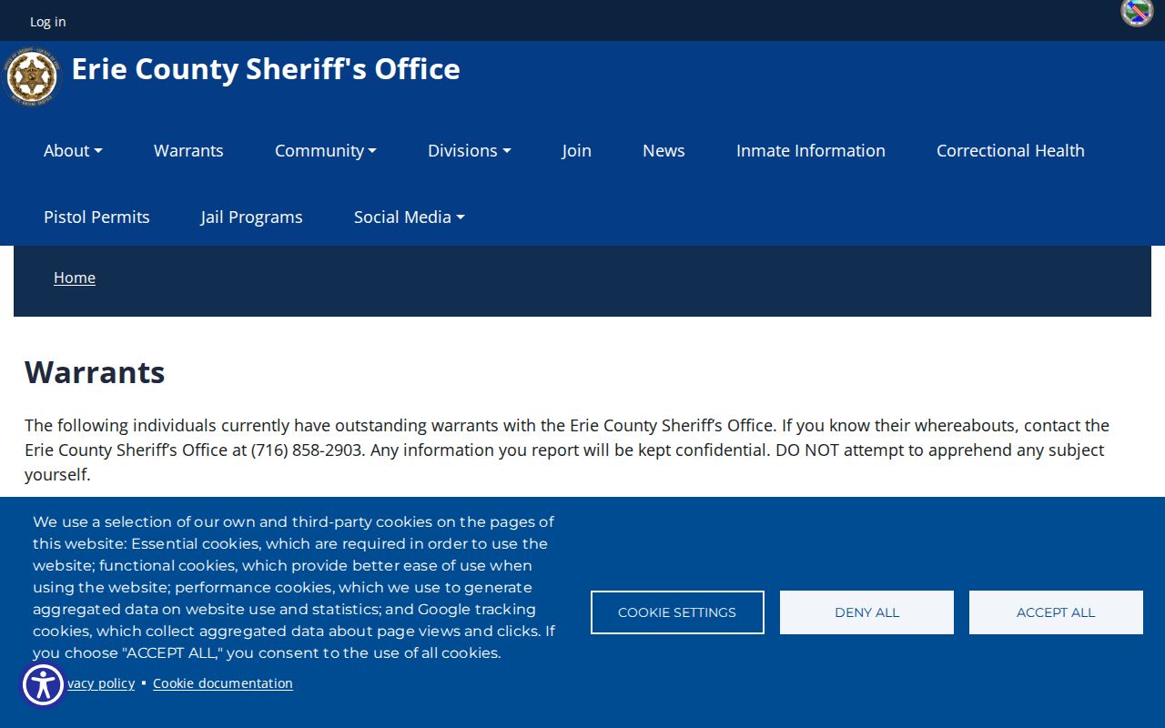 Official Erie County arrest lookup warrant table