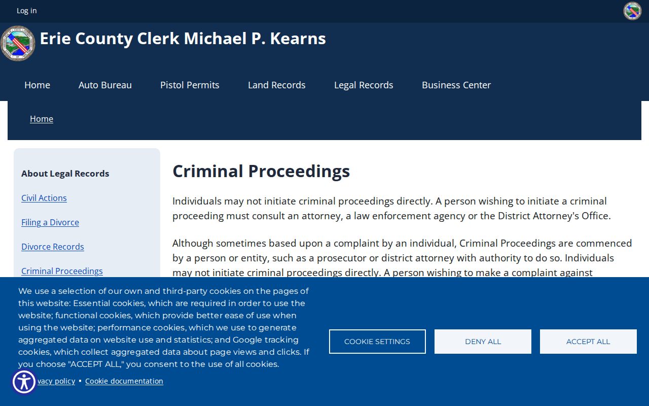 Erie County criminal history page for closed felony records