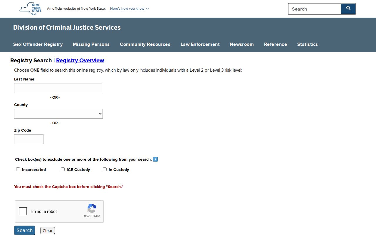 DCJS Erie County sex offender search form before any person is entered
